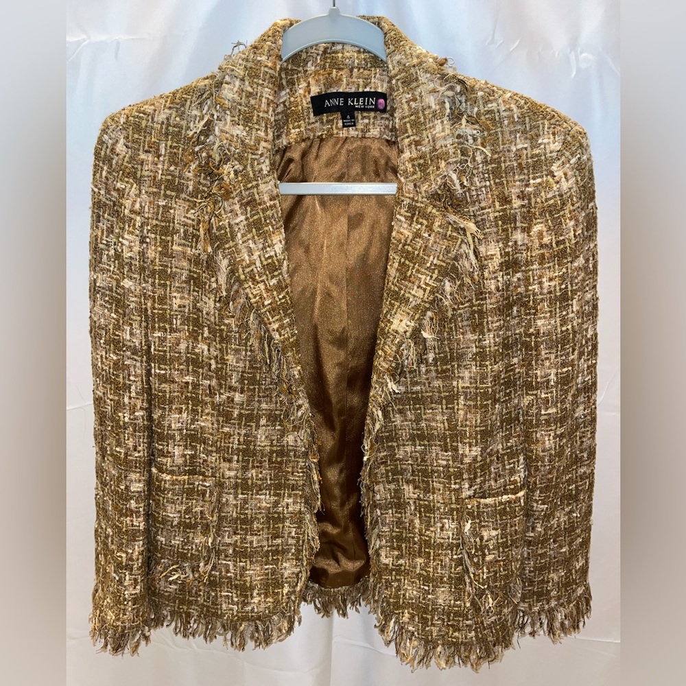 Anne Klein Women's Tan Tweed Blazer Fringe Details